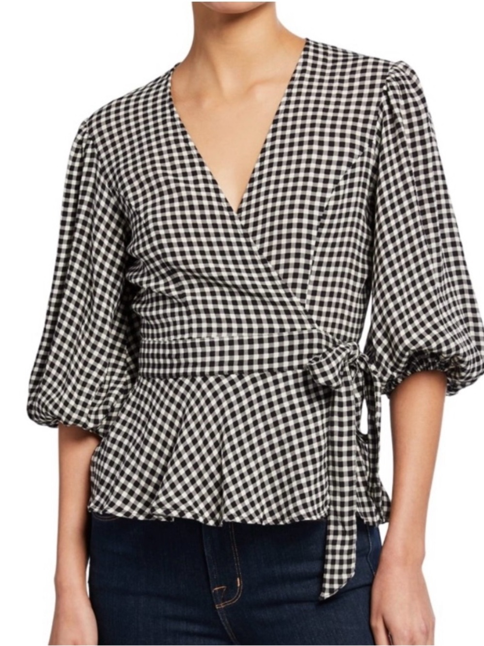 Ganni Gingham Off White Black Puff Sleeve Peplum Wrap Top Blouse
